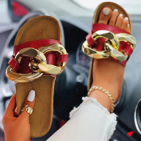 Fashion Web Celebrity Style Pu Chain Flat Sandals