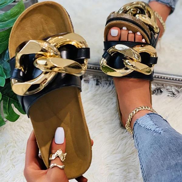 Fashion Web Celebrity Style Pu Chain Flat Sandals