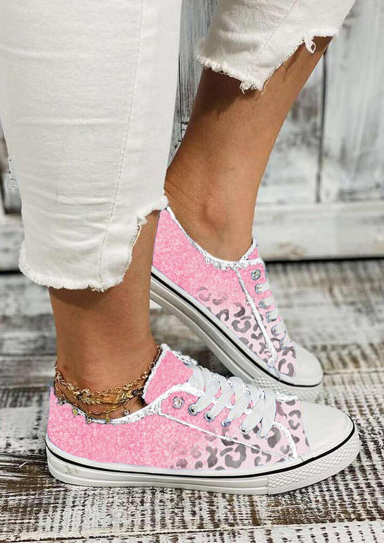 Gradient Glitter Leopard Lace Up Flat Sneakers