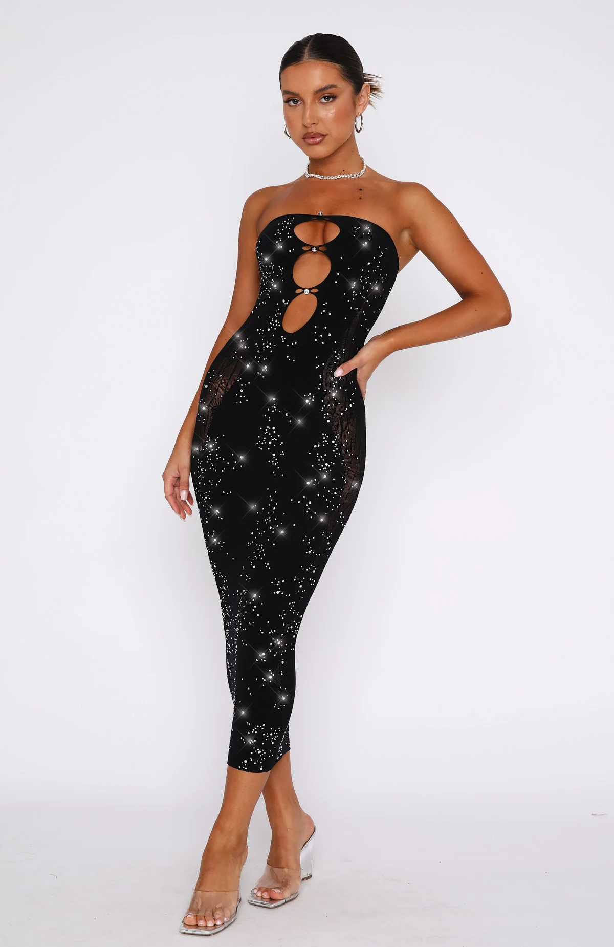 Main Character Strapless Diamante Midi Dress Black