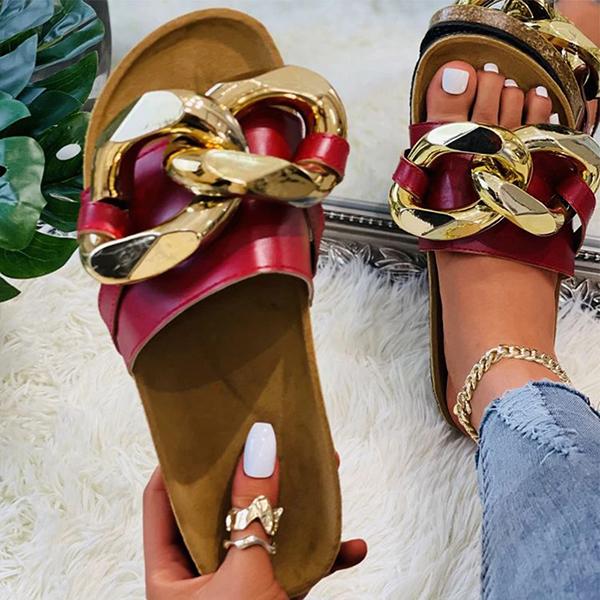 Fashion Web Celebrity Style Pu Chain Flat Sandals