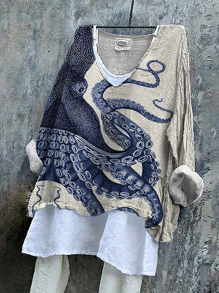 Japanese Art Octopus Graphic Printed V-Neck Casual Blouse