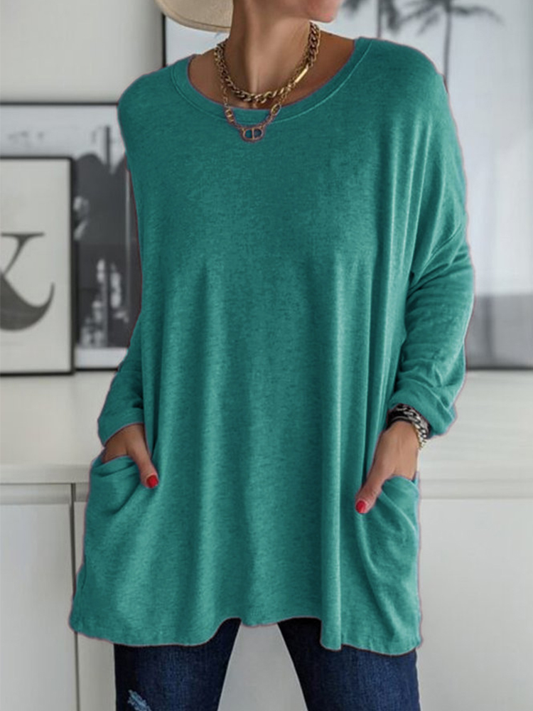 Solid Pocket Round Neck Long Sleeve T Shirt