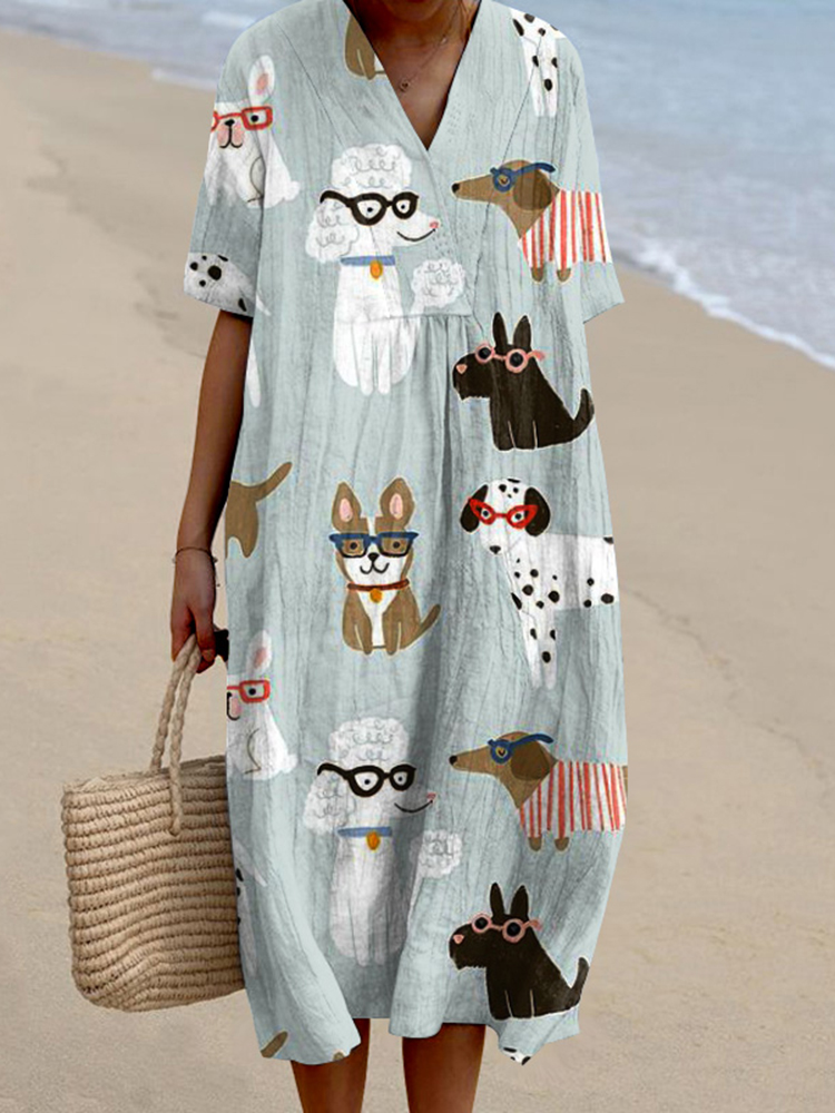Women‘s Cute Dogs Art Print V Neck Midi Dress
