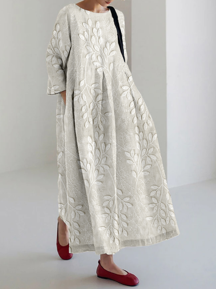 Leaves Embroidered Linen Blend Cozy Maxi Dress