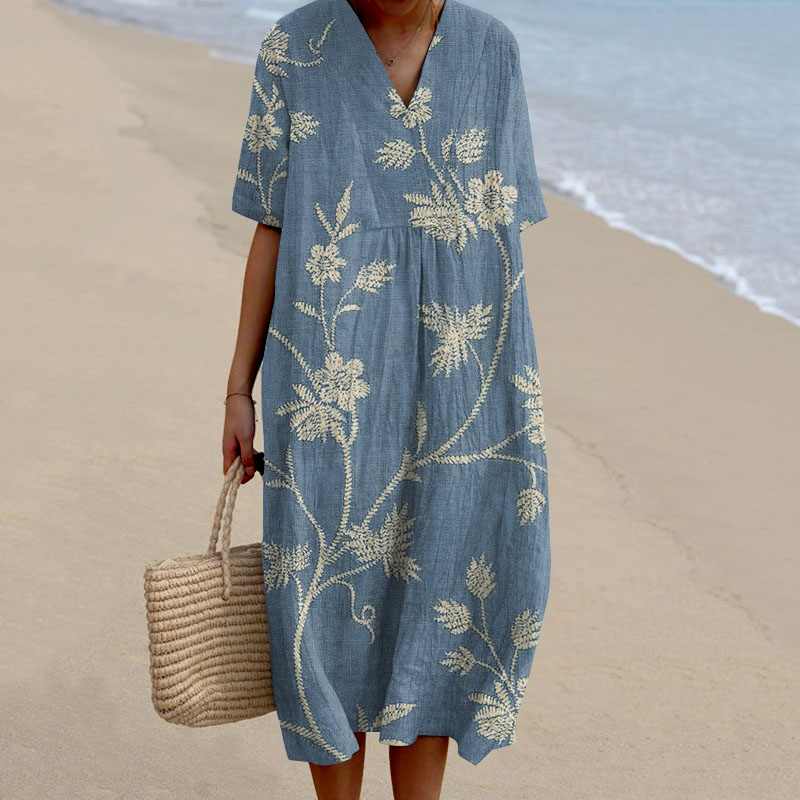 Women's Retro Floral Print Cotton and Linen Dress