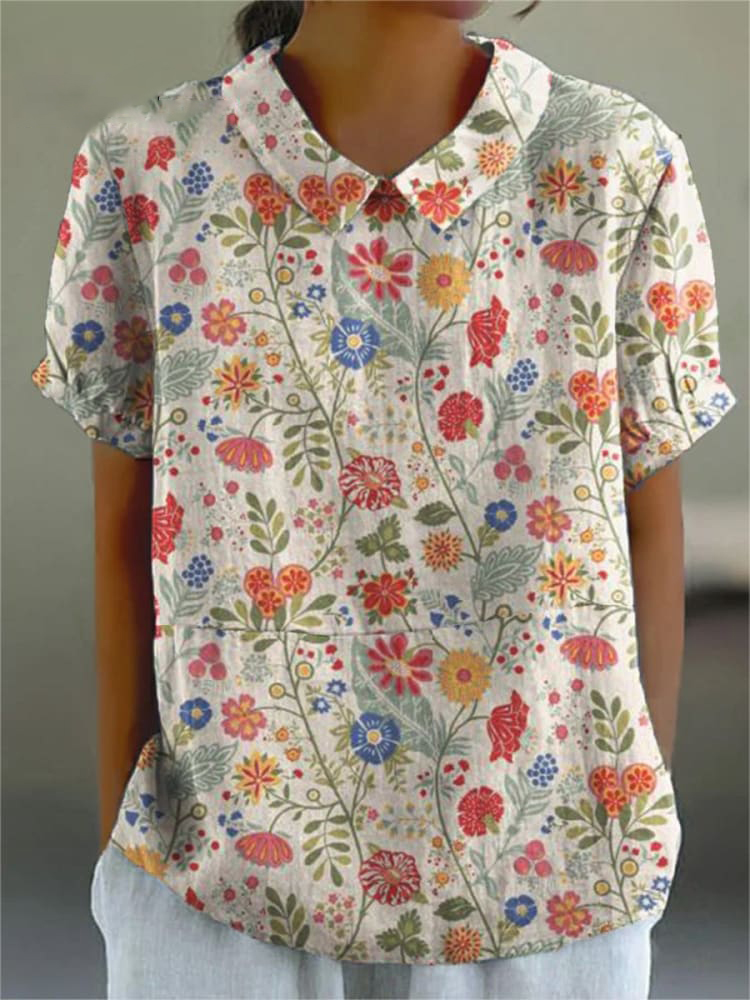 Women's Pastoral Floral Art Print Casual Cotton Linen Shirt