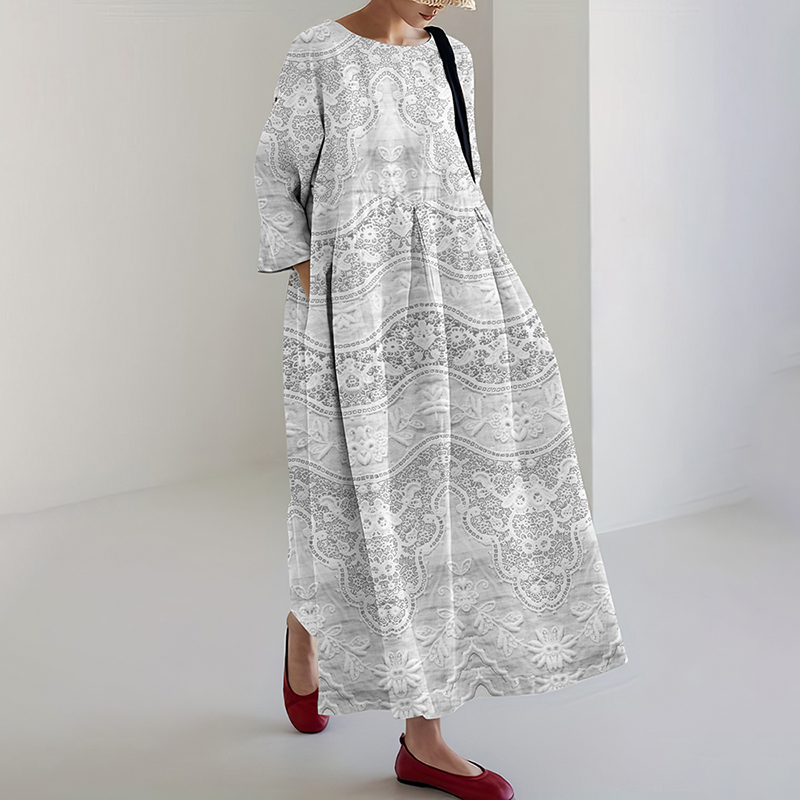 Women's Vintage Floral Lace Embroidered Midi Dress