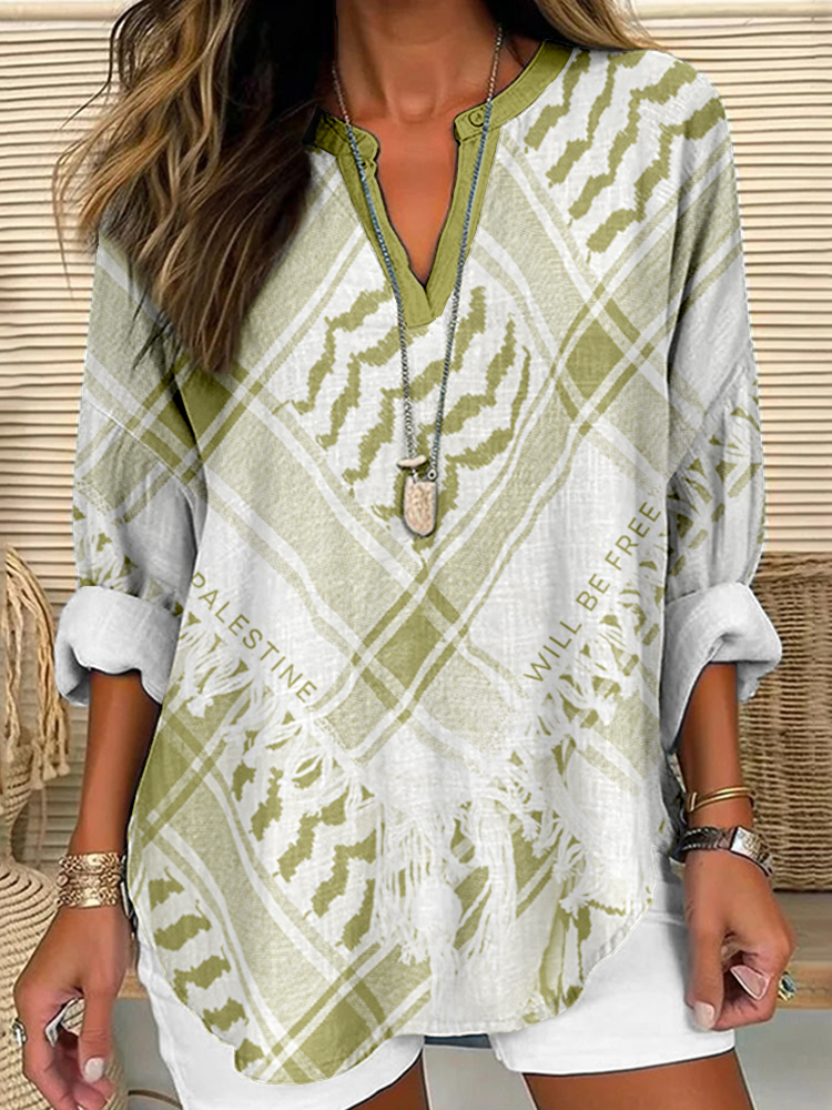 Palestine Will Be Free Kufiya Inspired Linen Blend Shirt