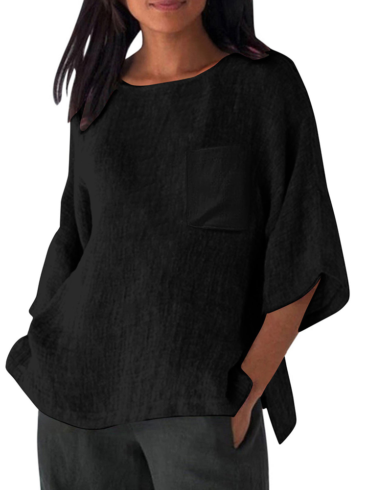 3/4 Sleeved Round Neck Pocket Loose Casual Shirt