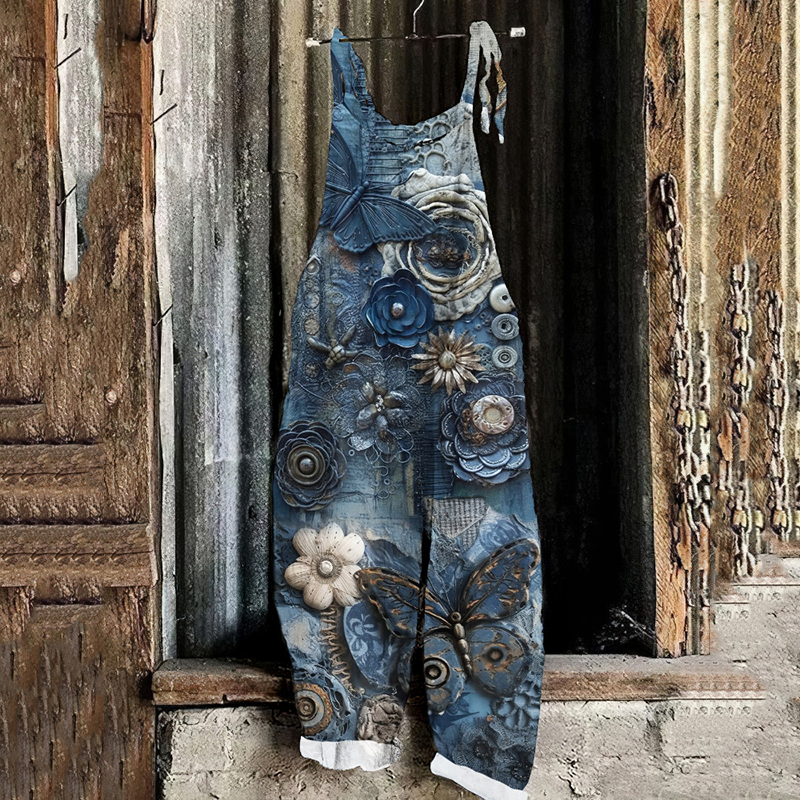Women's Butterfly Floral Art Cotton Blend Casual Jumpsuit