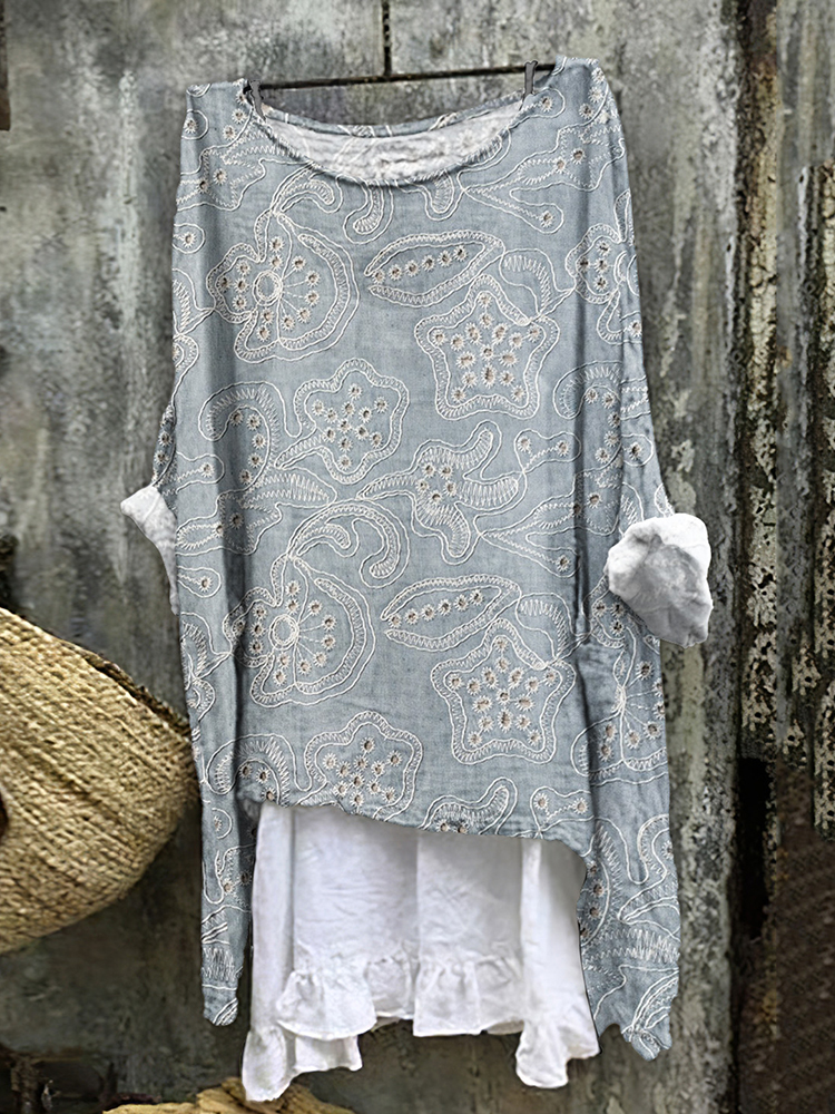Embroidered Floral Print Linen Blend Blouse