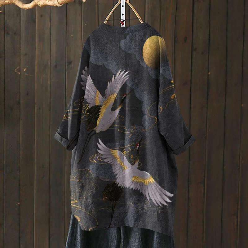 Japanese Cranes Flight To Golden Moon Art Print Cardigan