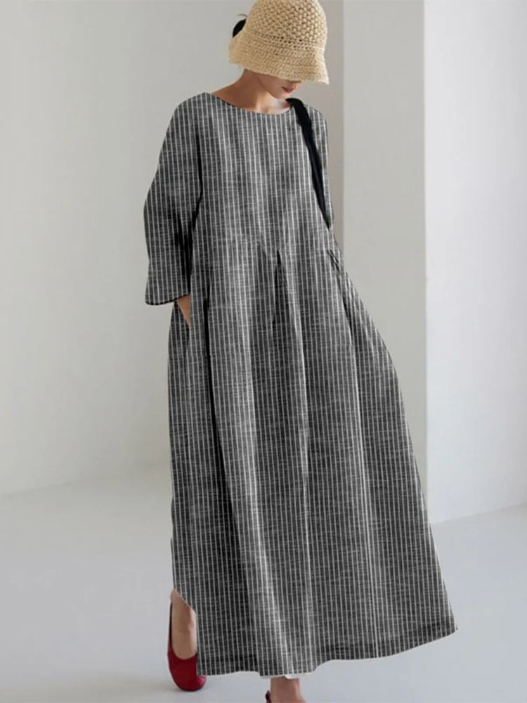 Vintage Stripe Pocket Casual Round Neck Maxi Dress