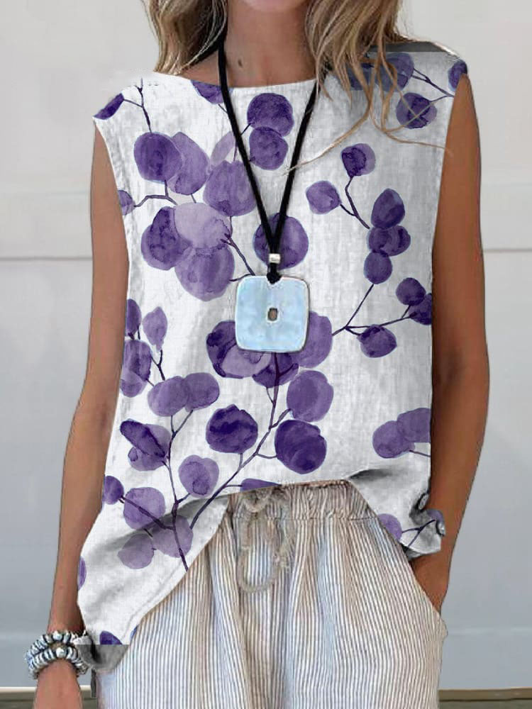 Women's Retro Botanical Floral Print Casual Cotton Linen Tank Top