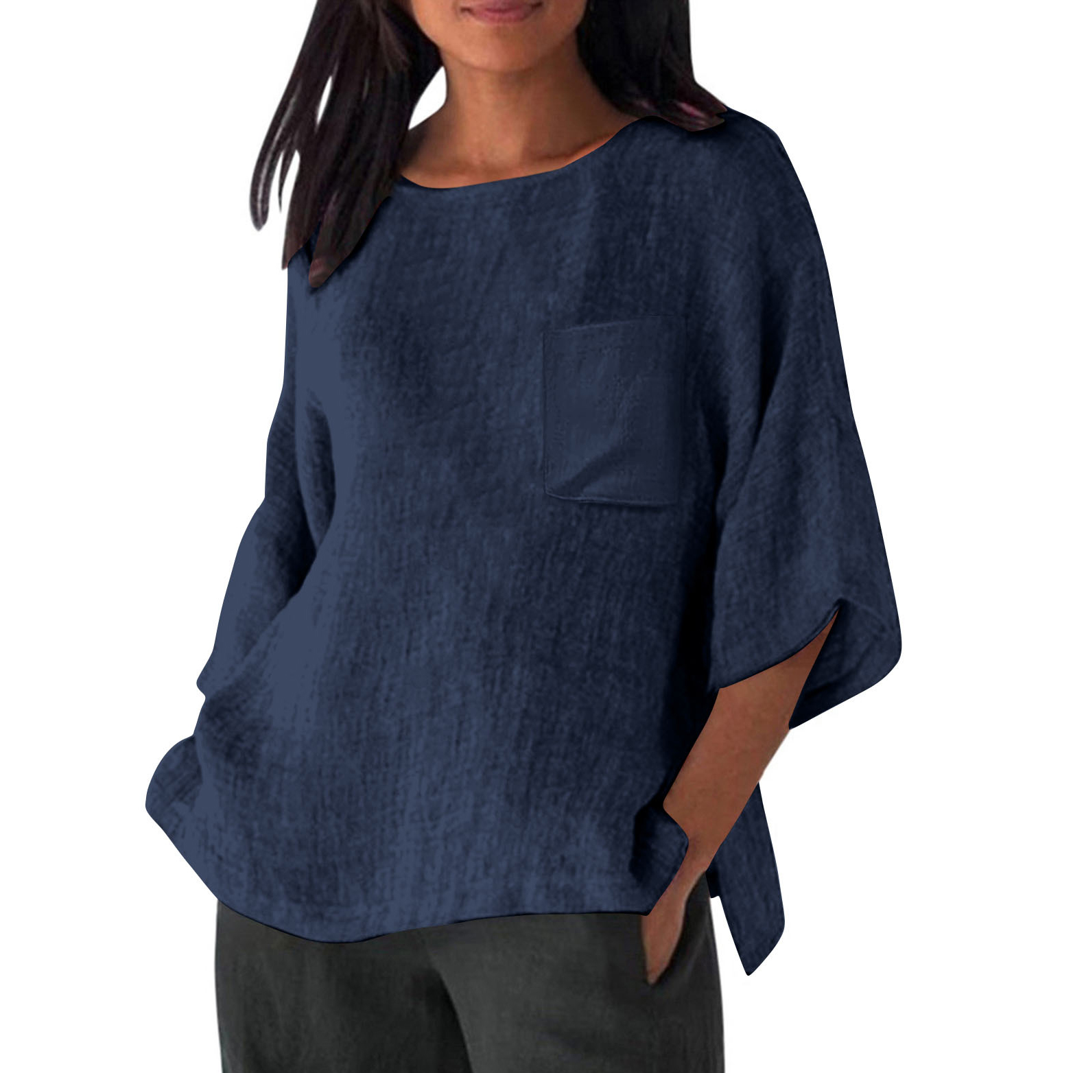 3/4 Sleeved Round Neck Pocket Loose Casual Shirt