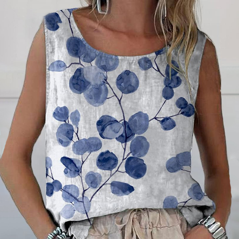 Women's Retro Botanical Floral Print Casual Cotton Linen Tank Top