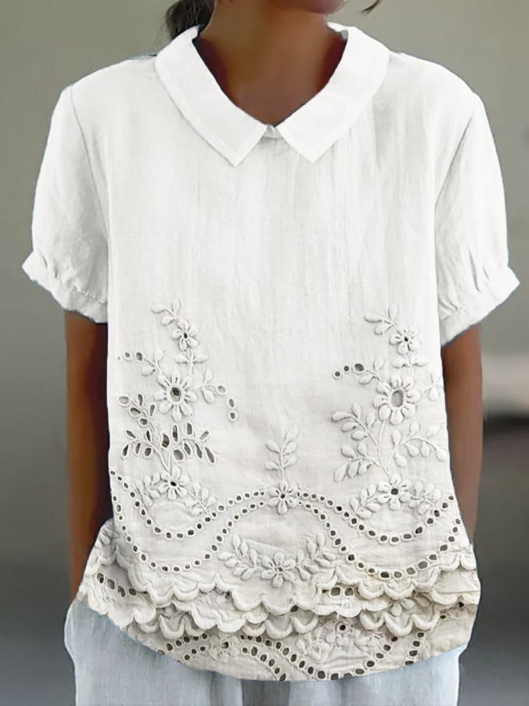 Cottage Floral Embroidered Lace Hem Linen Blend Tunic