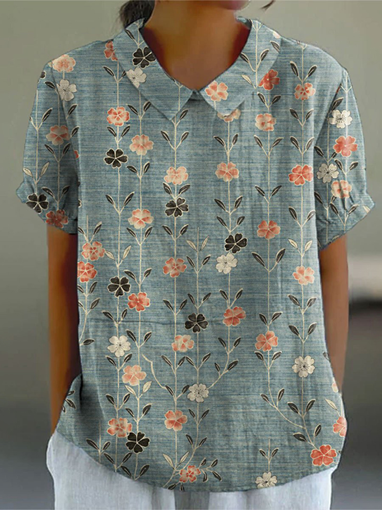 Women's Retro Floral Art Print Casual Cotton Linen Shirt