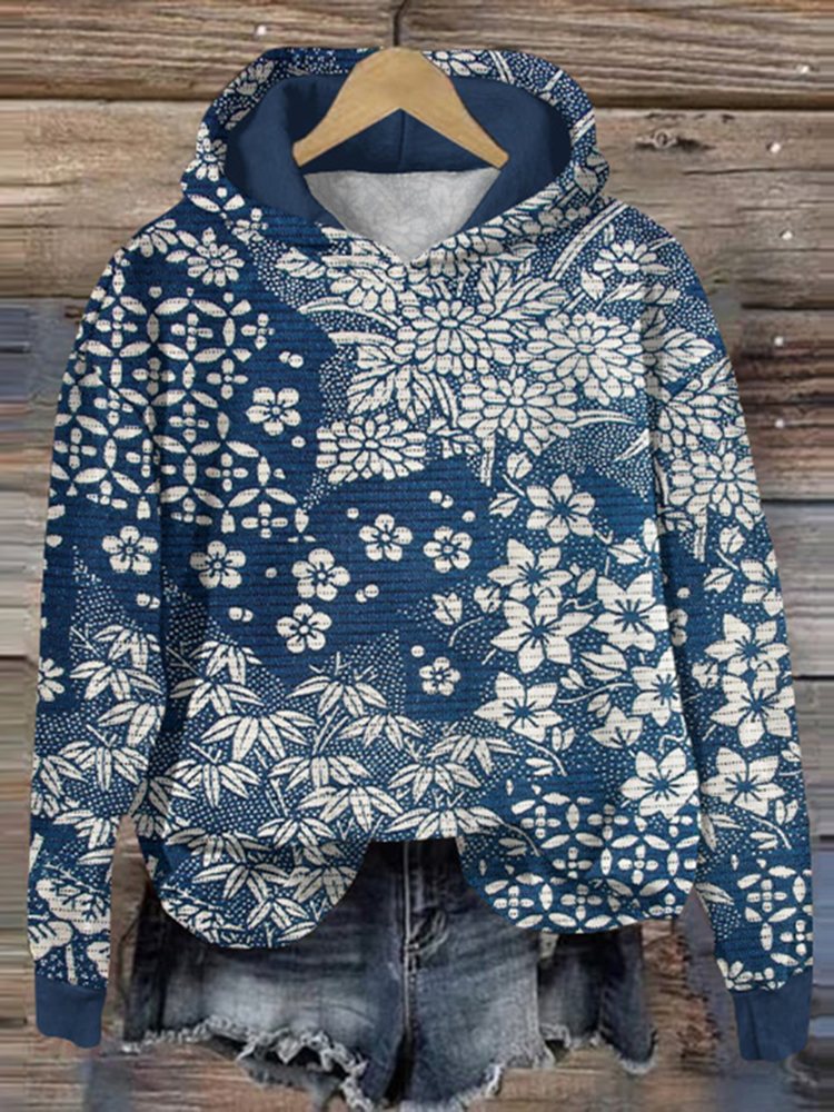 Vintage Japanese Art Flower Print Casual Hoodie