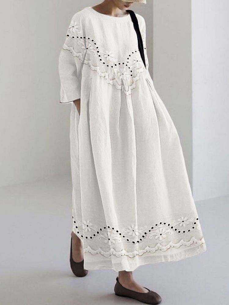Cottage Floral Embroidered Lace Linen Blend Maxi Dress