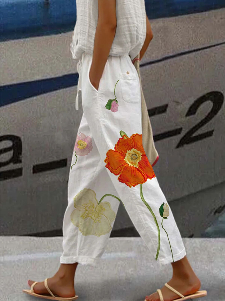 Oil Painting Floral Print Linen Blend Lounge Pants