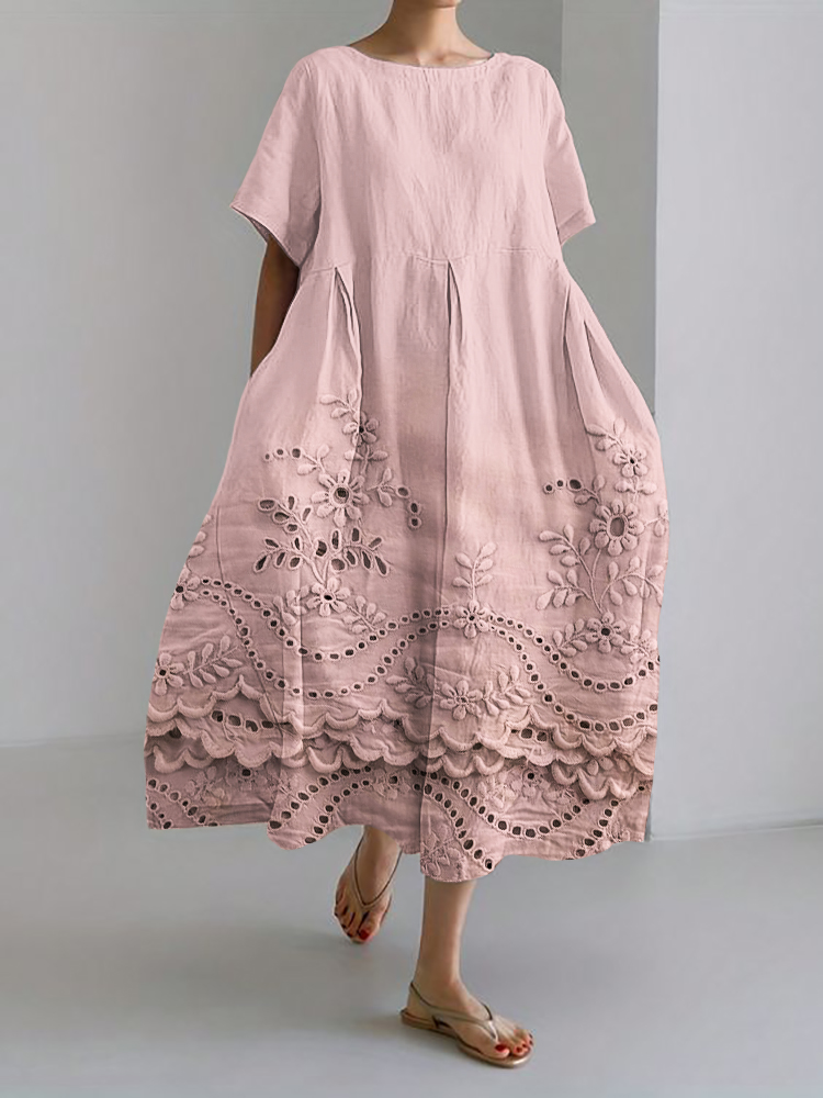 Vintage Floral Embroidered Lace Hem Linen Blend Maxi Dress