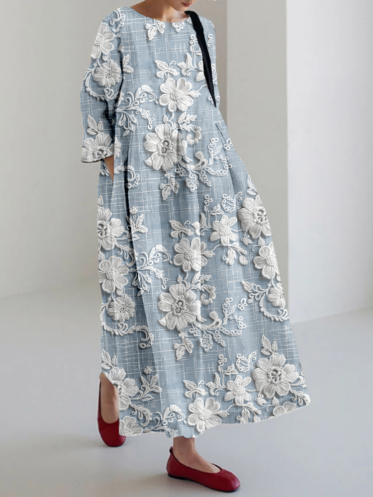 Elegant Floral Lace Embroidered Linen Blend Maxi Dress