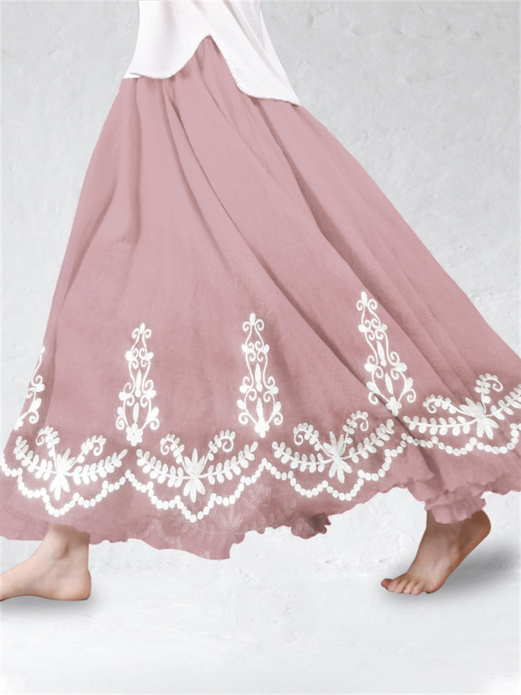 Vintage Floral Embroidered Lace Linen Blend Flowy Skirt