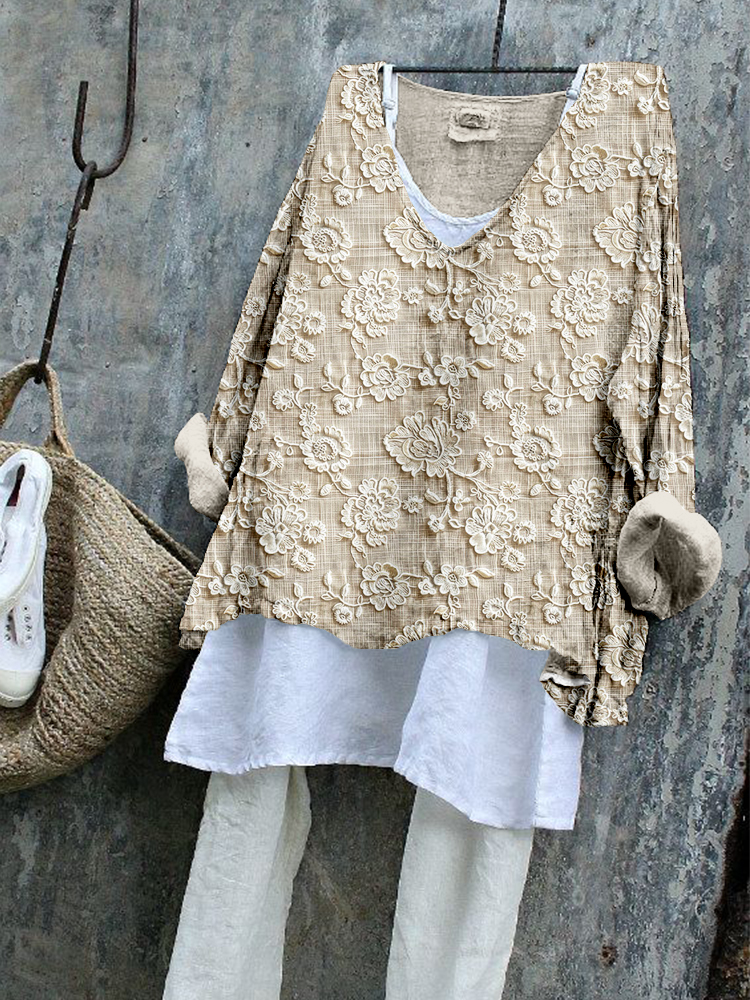 Vintage Floral Lace Embroidered Linen Blend Flowy Tunic