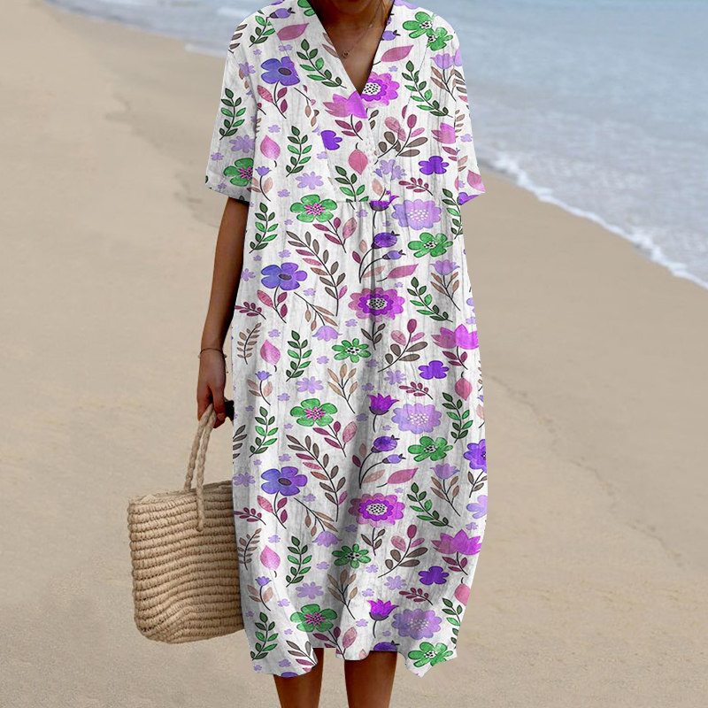 Women's Pastoral Floral Art Print Casual Cotton Linen Dress