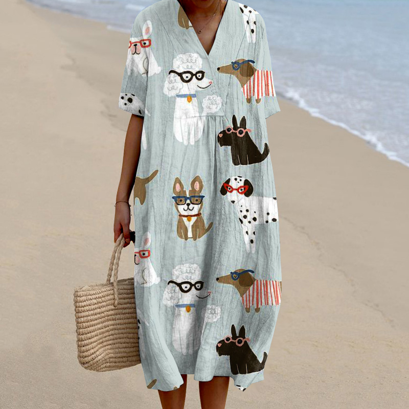 Women‘s Cute Dogs Art Print V Neck Midi Dress