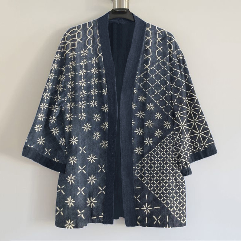 Japanese Traditional Sashiko In Floral Patchwork Art Pattern Art Print Linen Blend Kimono Cardigan