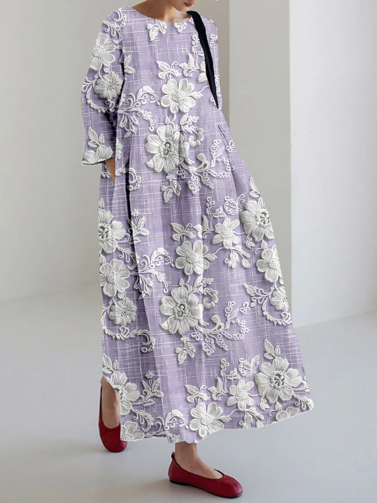 Elegant Floral Lace Embroidered Linen Blend Maxi Dress