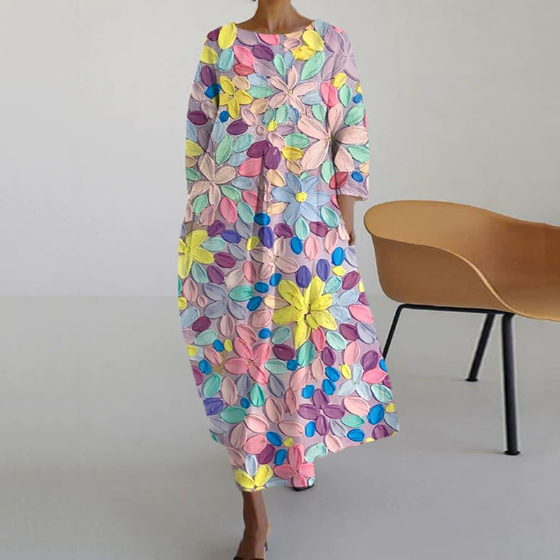 Flower Art Print Round Neck Midi Dress