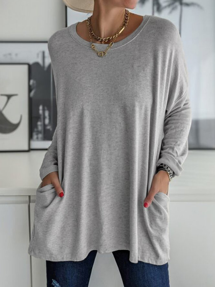 Solid Pocket Round Neck Long Sleeve T Shirt