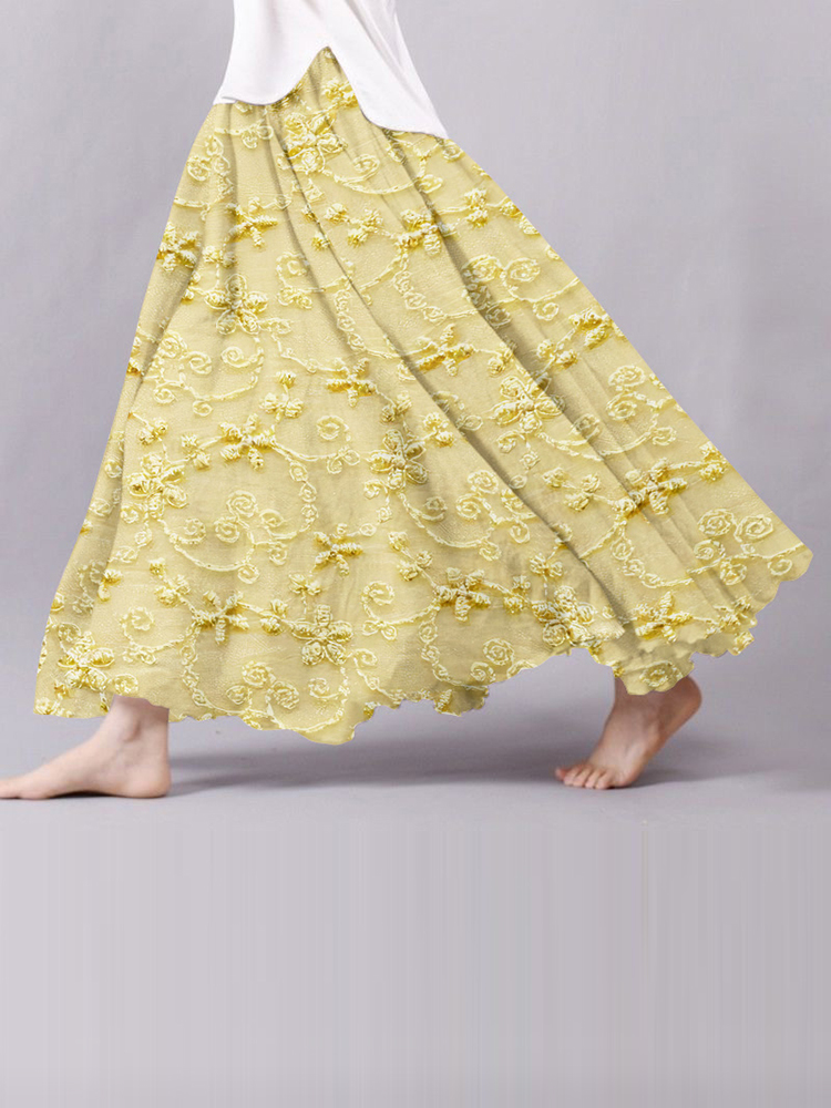 Floral Embroidered Art Print Casual Linen Blend Flowy Skirt