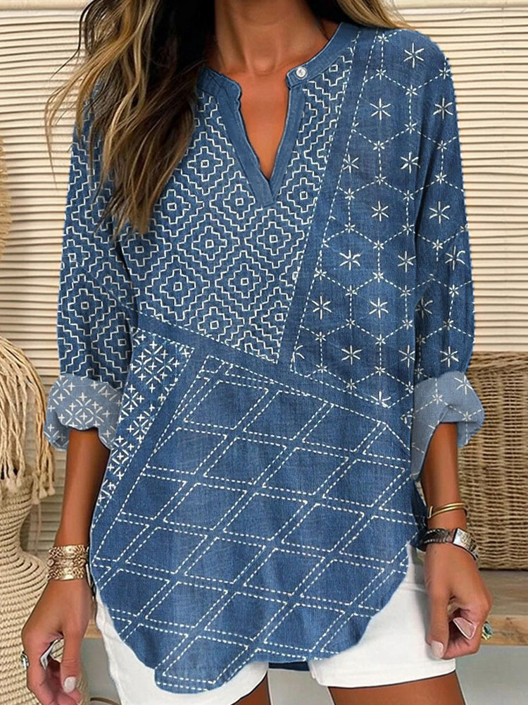 Japanese Traditional Pattern Linen Blend Shirt