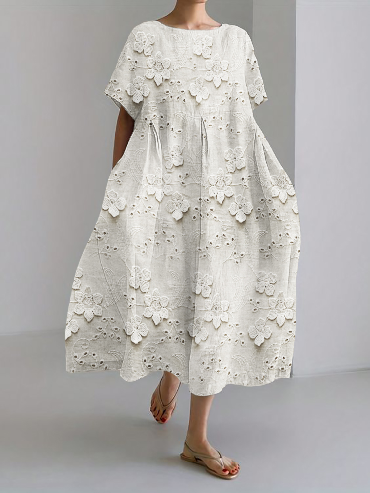 3D Floral Lace Embroidered Linen Blend Maxi Dress