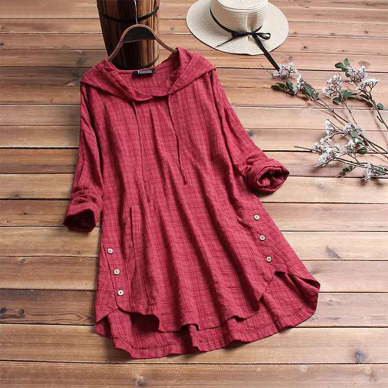 Plaid Long Sleeve Casual Hooded Blouse