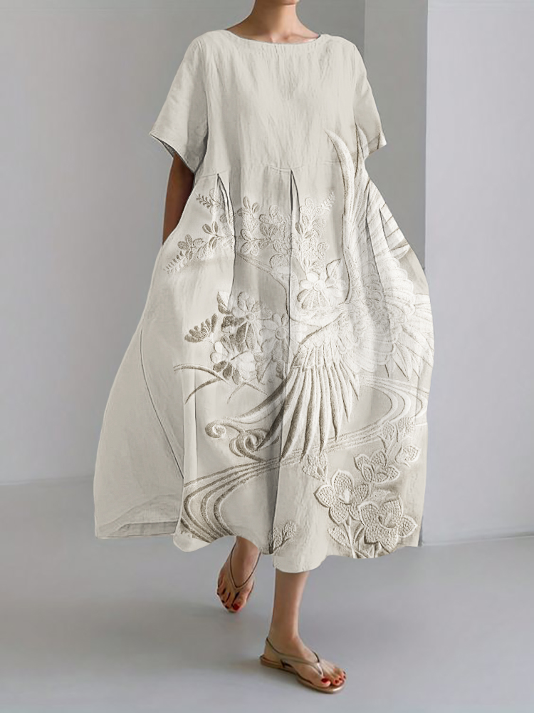Classy Cranes Floral Japanese Embroidered Linen Blend Maxi Dress