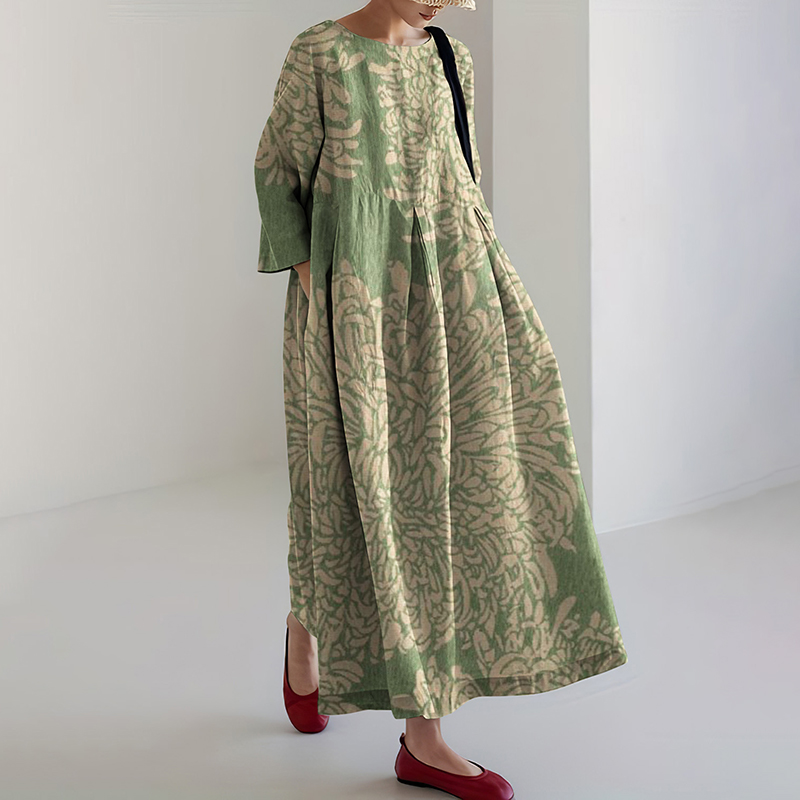 Japanese Art Chrysanthemum Print Loose Midi Dress