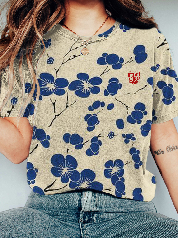 Cherry Blossom Japanese Lino Art Vintage T Shirt