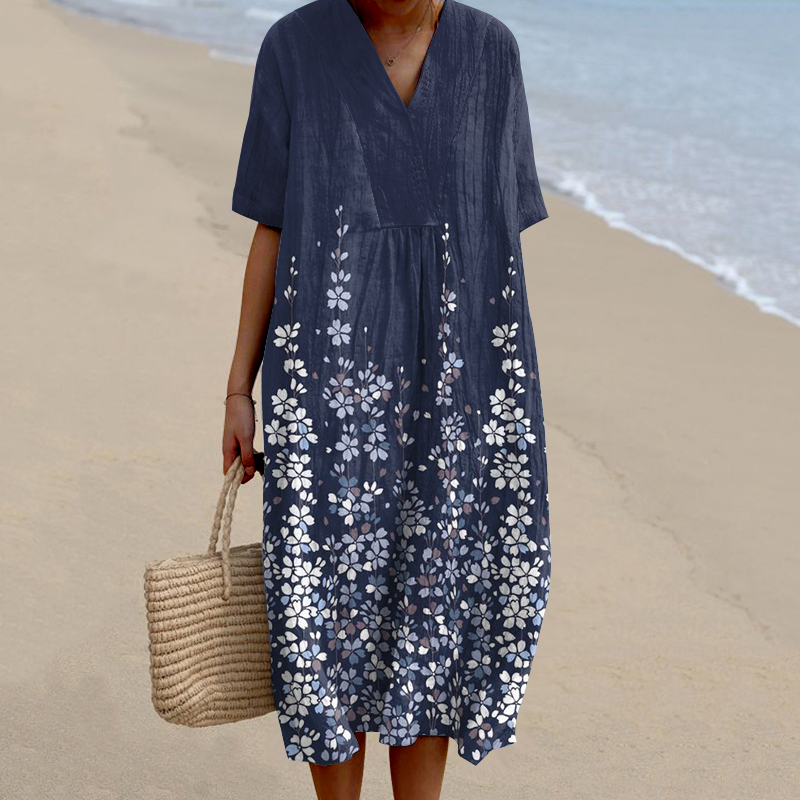 Vintage Floral Art Casual V Neck Midi Dress