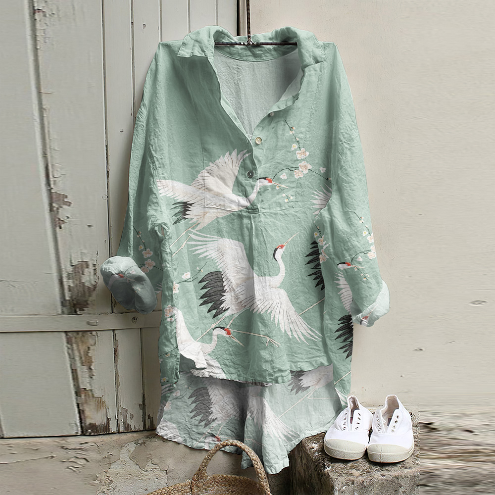 Crane Print Loose Casual Shirt