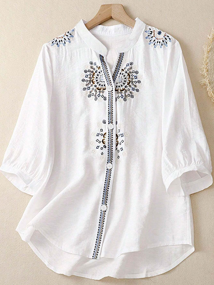 Women's Casual Retro Ethnic Style Embroidered Cotton Shirt