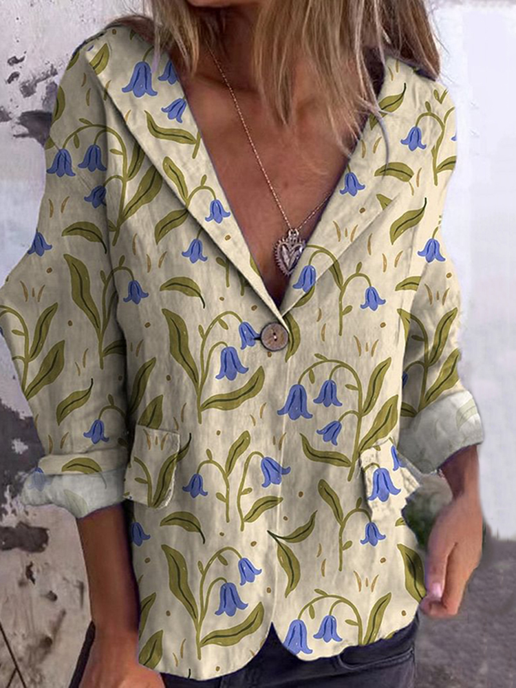Floral Print Lapel Linen Blend Casual Blazer