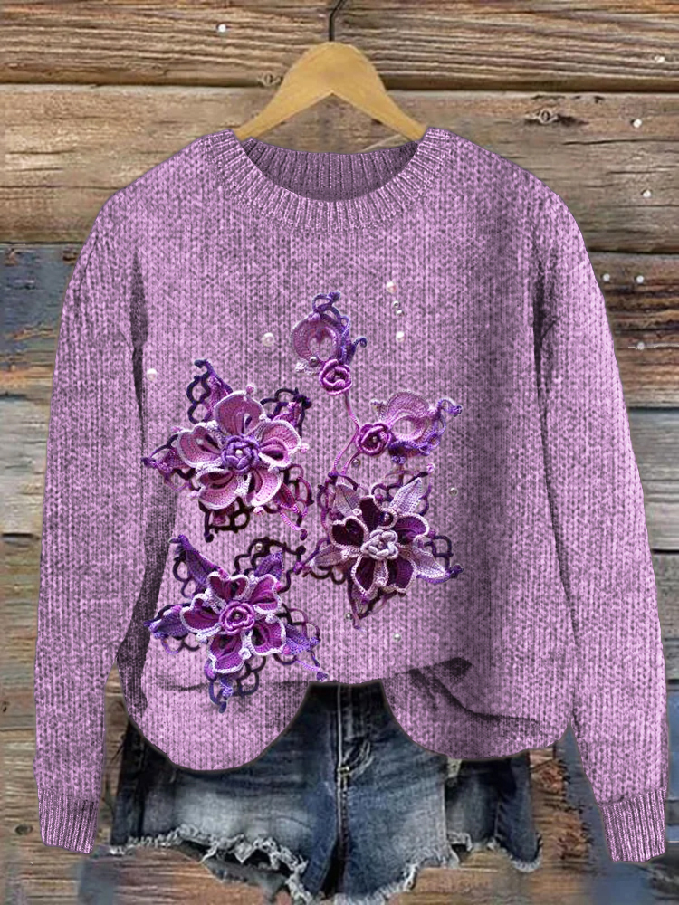 Purple Floral Knit Art Women's Cozy Sweater