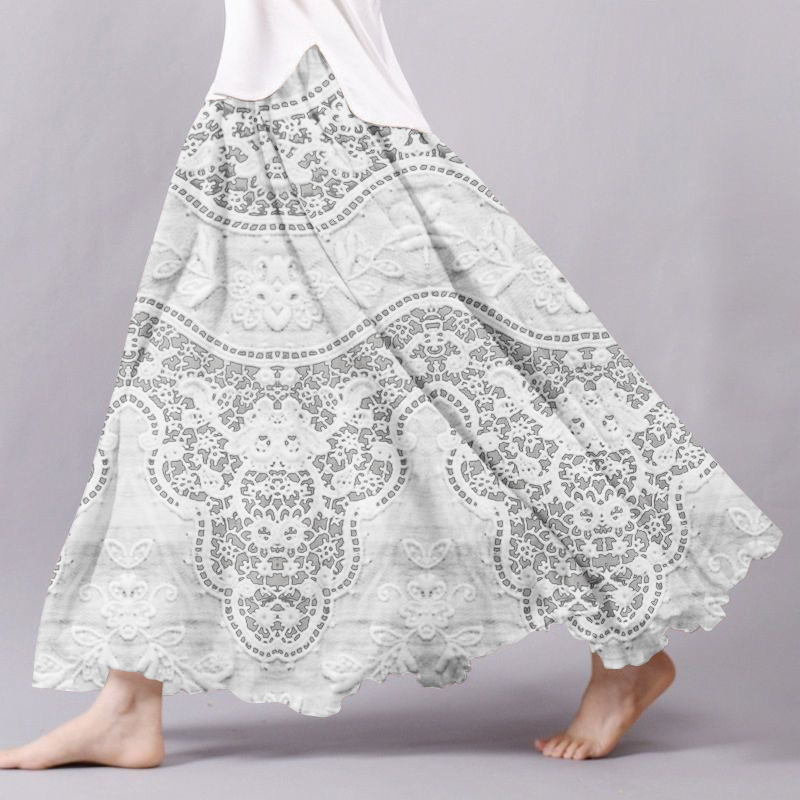Women's Vintage Floral Lace Embroidered Linen Blend Skirt