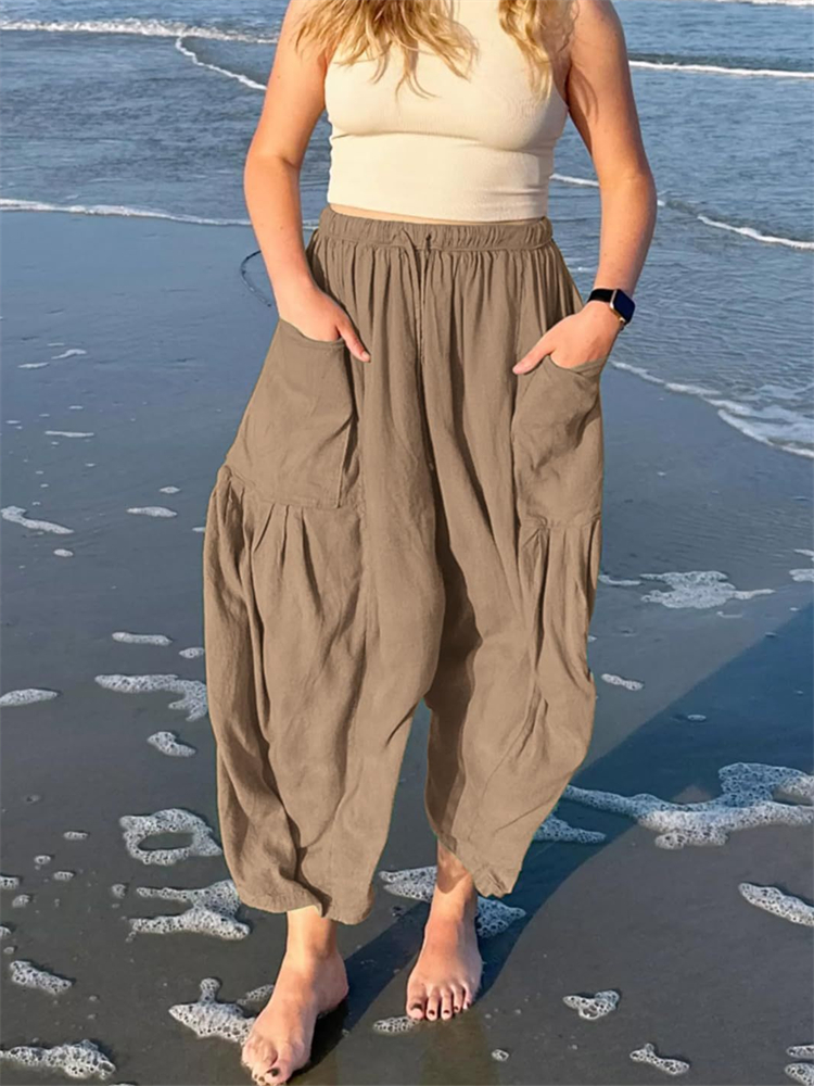 Patch Pockets Pleated Flowy Wide Leg Pants